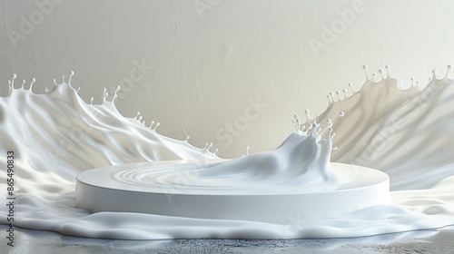 Round podium for product display, with liquid milk flowing around the podium, with a liquid texture effect and splashes of white cream around the podium.