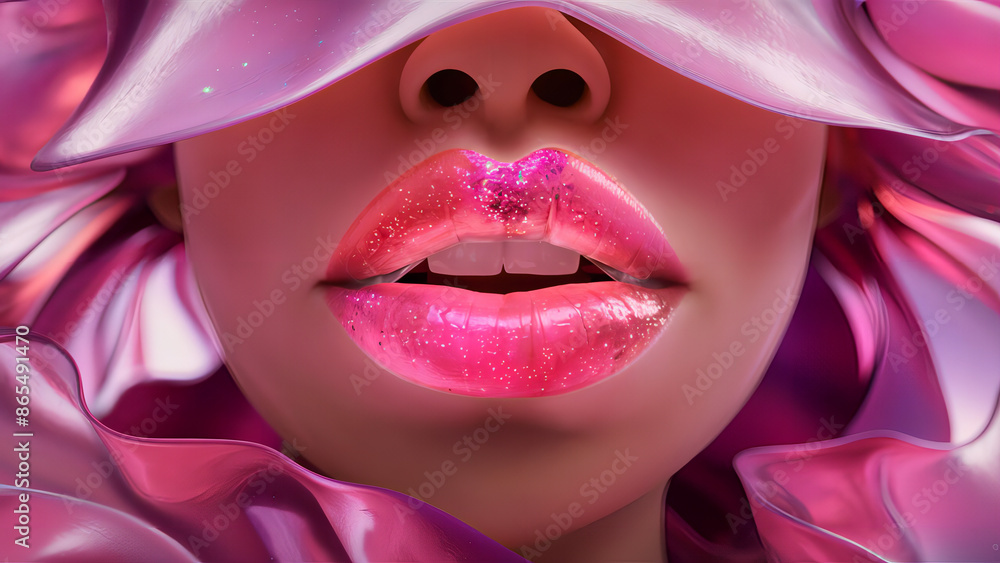 Fototapeta premium Elegant and Glossy Pink Lips Surrounded by Luxurious Fabric - Ideal for Beauty, Fashion, and Glamour Stock Photos