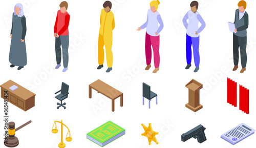 Trial courtroom icons set. Judge, lawyers, a defendant, and various courtroom objects are depicted in this isometric set