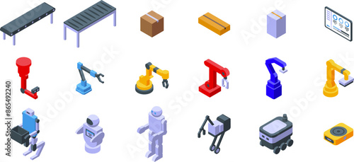 Robot conveyor belt icons set. Robot manufacturing process with conveyor belt and robotic arms working on production line