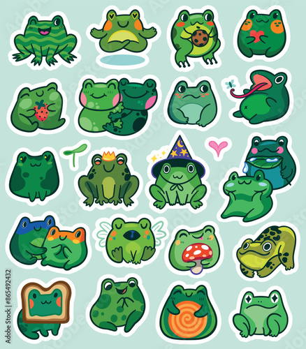 Sticker set with cute little frogs characters in kawaii style