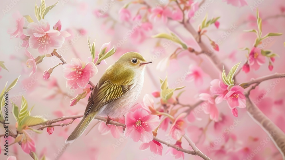 Japanese White Eye blossoms pink. Generative AI Japanese White Eye blossoms pink. Generative AI