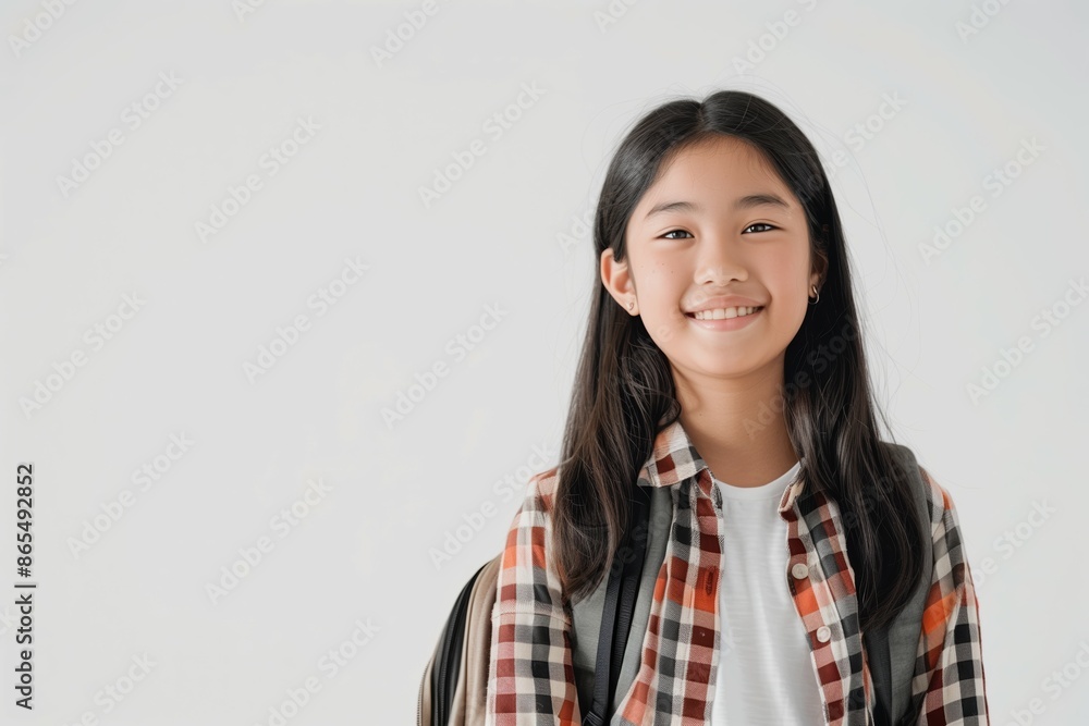 Smiling young Asian girl with backpack and plaid shirt on light background, copy space Smiling young Asian girl with backpack and plaid shirt on light background, copy space