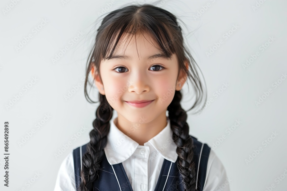 Smiling young Asian girl in school uniform with braided hair on light background Smiling young Asian girl in school uniform with braided hair on light background