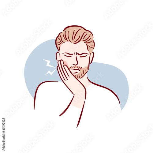 A young man with a beard has a severe toothache. A guy with bad teeth grabs his cheek. Acute pain. Pulpitis, caries. Hand drawn vector illustration in sketch style.