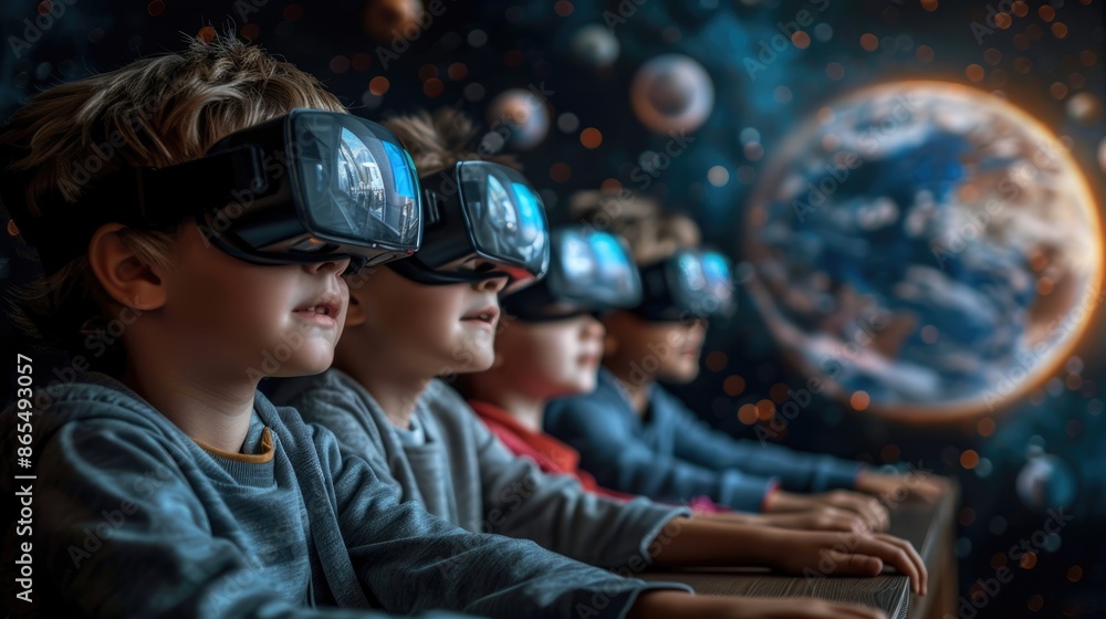 Group of students using AR glasses to experience a virtual space environment, viewing detailed images of galaxies and celestial bodies, with an educational setting Group of students using AR glasses to experience a virtual space environment, viewing detailed images of galaxies and celestial bodies, with an educational setting