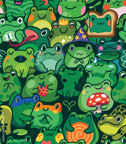 Seamless pattern with a lot of cute little frogs characters in kawaii style