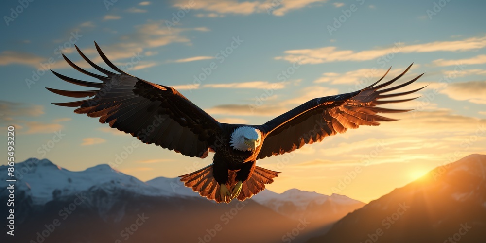 Naklejka premium AI Generated. AI Generative. Wild american eagle bird flying in the blue air sky at golden sunset nature outdoor landscape. Graphic Art