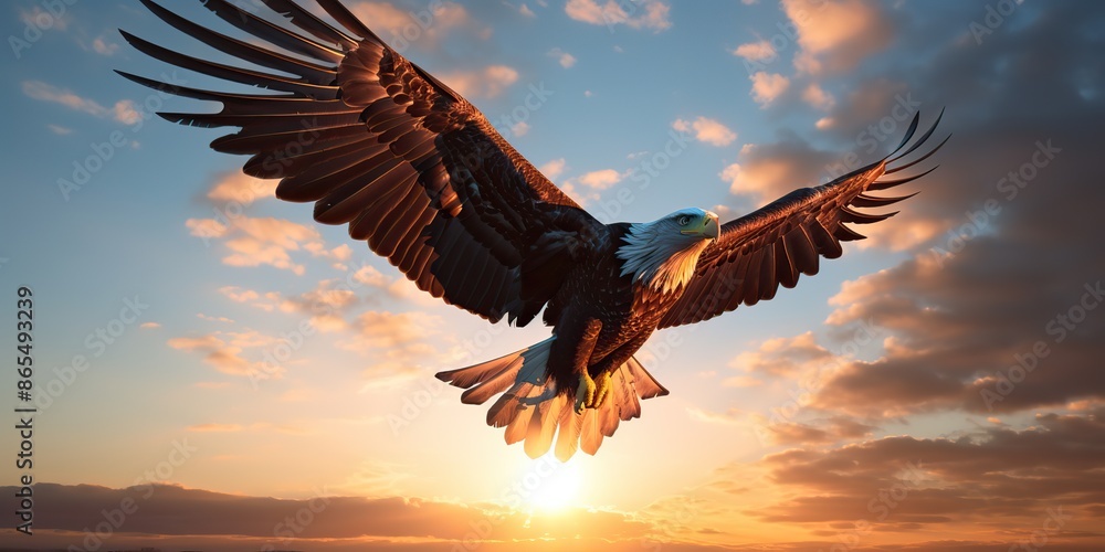 Obraz premium AI Generated. AI Generative. Wild american eagle bird flying in the blue air sky at golden sunset nature outdoor landscape. Graphic Art