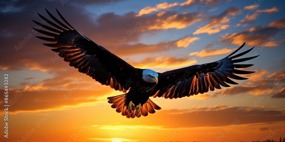 Obraz premium AI Generated. AI Generative. Wild american eagle bird flying in the blue air sky at golden sunset nature outdoor landscape. Graphic Art