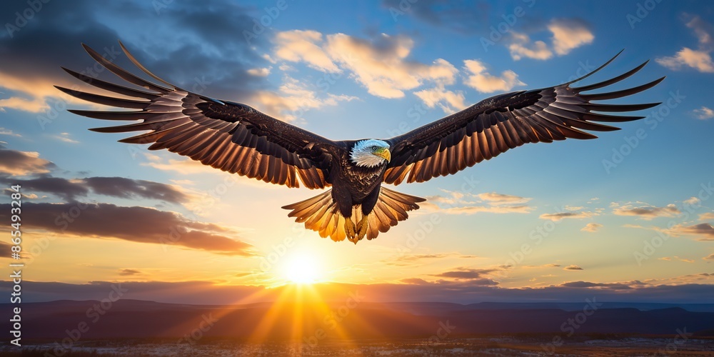 Naklejka premium AI Generated. AI Generative. Wild american eagle bird flying in the blue air sky at golden sunset nature outdoor landscape. Graphic Art