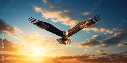AI Generated. AI Generative. Wild american eagle bird flying in the blue air sky at golden sunset nature outdoor landscape. Graphic Art