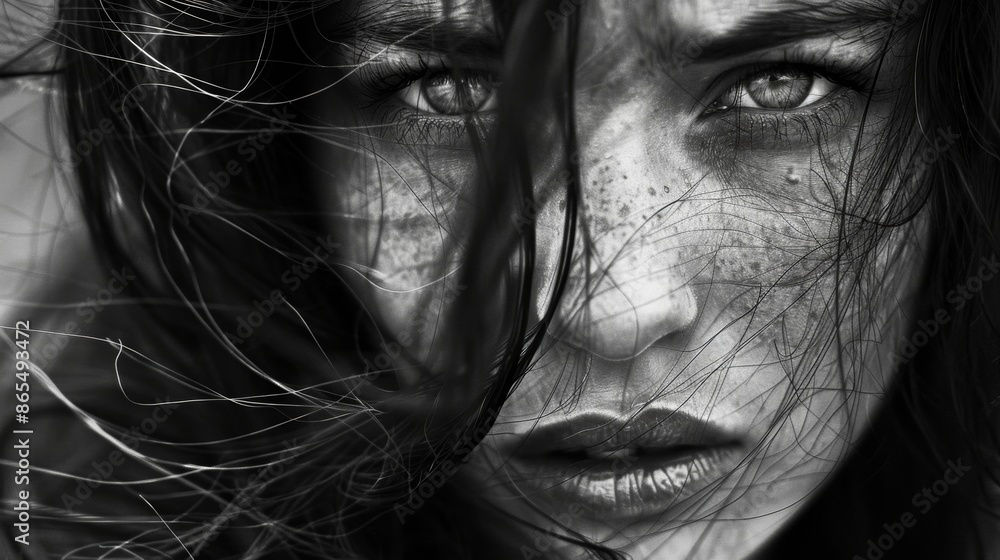 A closeup shot captures the intense emotion in a womans eyes as the wind teases strands of hair across her face. Black and white art A closeup shot captures the intense emotion in a womans eyes as the wind teases strands of hair across her face. Black and white art