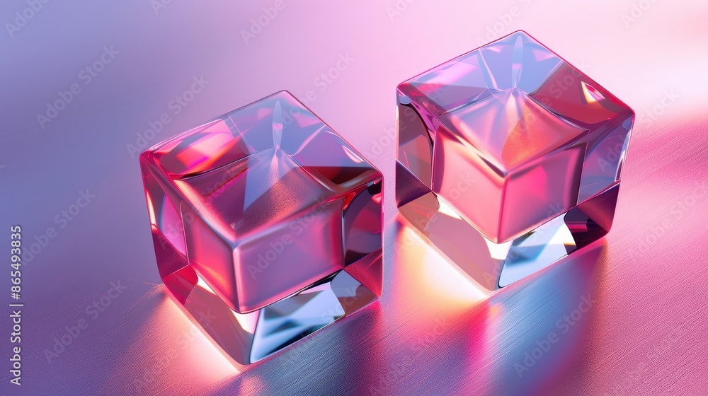 Two vibrant glass cubes with neon lighting on a colourful background. Perfect for modern and abstract designs. Two vibrant glass cubes with neon lighting on a colourful background. Perfect for modern and abstract designs.