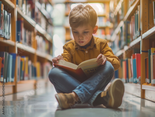 Portrait of a little boy reading a book at school library photo