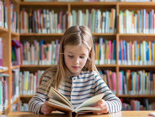 Portrait of a little girl reading a book at school library