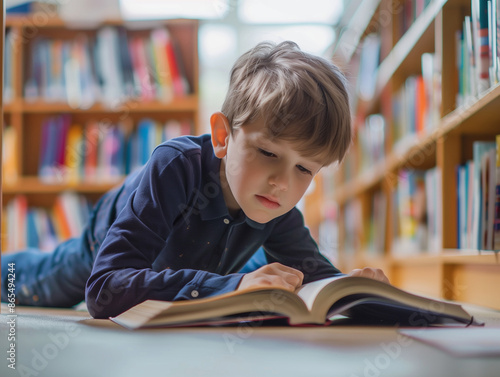 Portrait of a little boy reading a book at school library photo