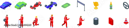 Racing car pit stop icons set. Mechanics are preparing cars for a race, while the pilot is training and studying the circuit on a tablet