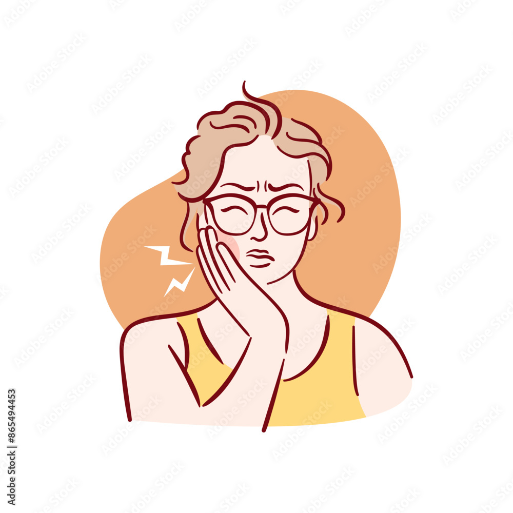 Young woman having painful toothache. A girl in glasses with bad teeth clutches her cheek. Increased sensitivity. Hand drawn vector illustration in sketch style. Young woman having painful toothache. A girl in glasses with bad teeth clutches her cheek. Increased sensitivity. Hand drawn vector illustration in sketch style.