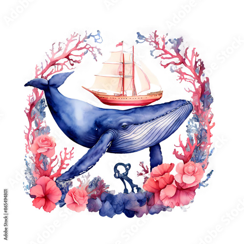Watercolor blue whale, ship, seaweed, underwater world

 photo
