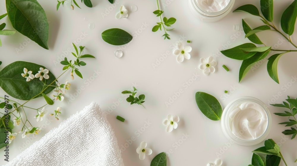 Natural cosmetic cream with towel plants on white background Dermatology organic skincare concept with green leaves Natural cosmetic cream with towel plants on white background Dermatology organic skincare concept with green leaves