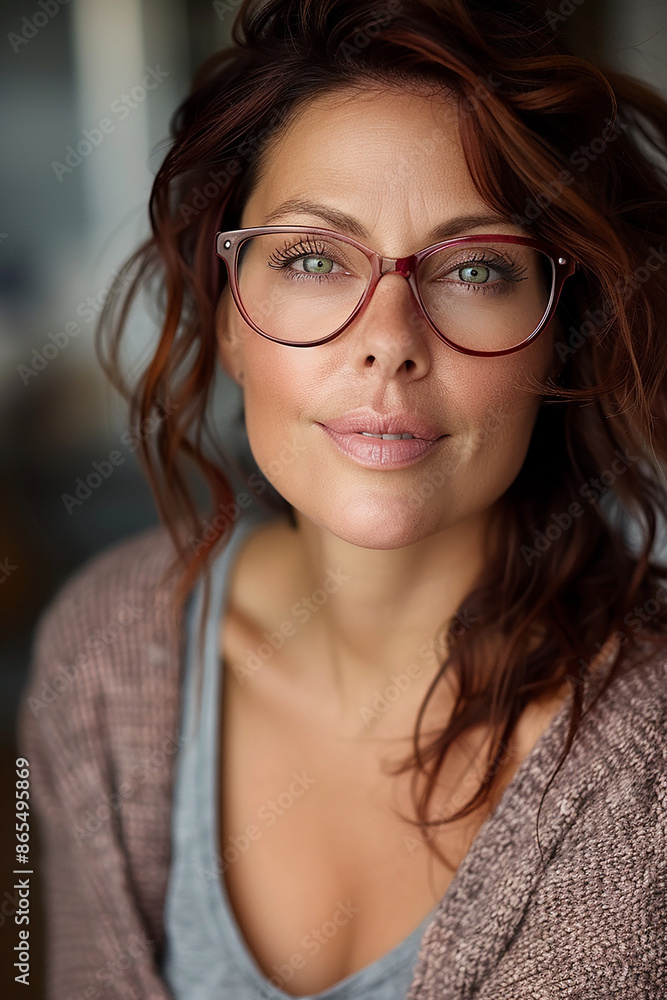 Portrait of a beautiful auburn-haired middle-aged woman with glasses Portrait of a beautiful auburn-haired middle-aged woman with glasses