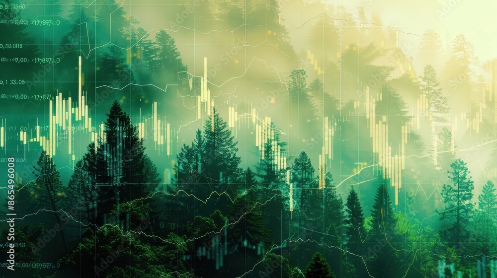 Fototapeta premium forest intertwined with stock chart close up, focus on, copy space, bold greens, Double exposure silhouette with financial forecast