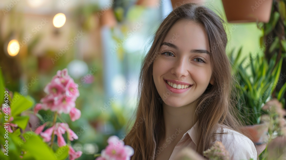 Beautiful smiling young woman florist at her workplace surrounded by plants Beautiful smiling young woman florist at her workplace surrounded by plants