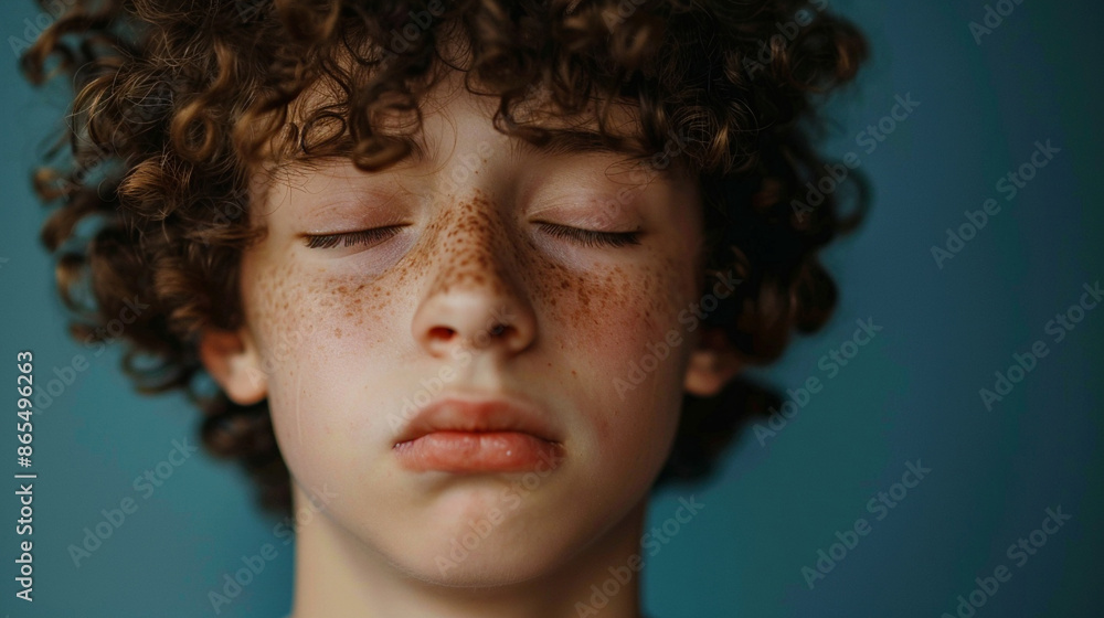 Close-up portrait of a young curly-haired child with eyes closed and freckles, showcasing natural beauty and innocence against a teal background. Close-up portrait of a young curly-haired child with eyes closed and freckles, showcasing natural beauty and innocence against a teal background.