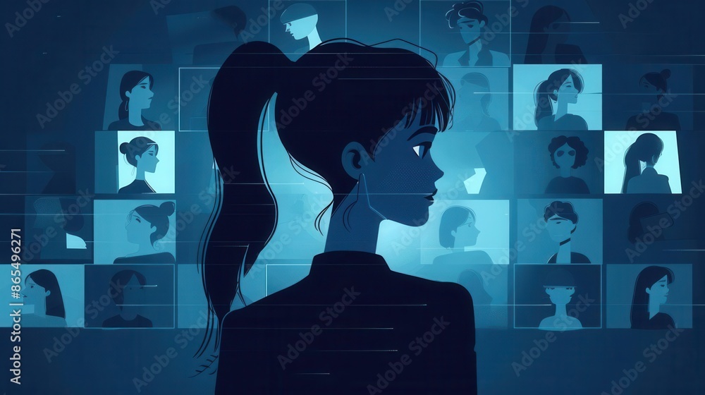 A woman standing in front of a screen with multiple video chats. A woman standing in front of a screen with multiple video chats.