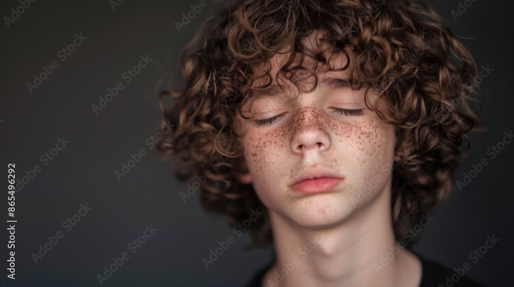 Serene portrait of a young boy with closed eyes, tousled curly hair, and a face adorned with freckles, exuding innocence and tranquility. Serene portrait of a young boy with closed eyes, tousled curly hair, and a face adorned with freckles, exuding innocence and tranquility.