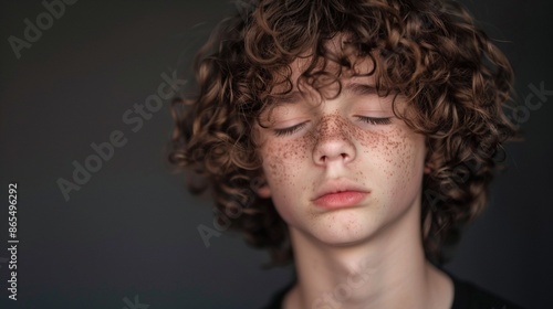 Serene portrait of a young boy with closed eyes, tousled curly hair, and a face adorned with freckles, exuding innocence and tranquility.
