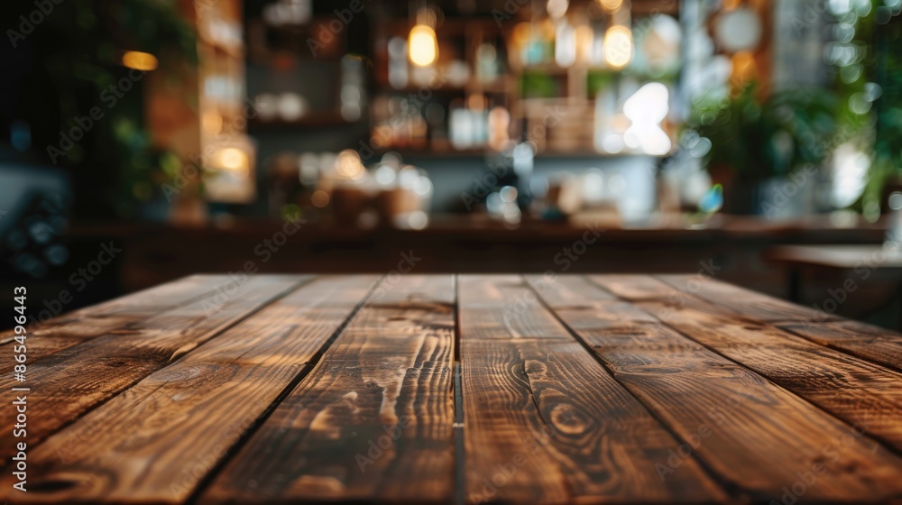 Empty brown wooden table in focus with blurred background of a coffee shop Empty brown wooden table in focus with blurred background of a coffee shop