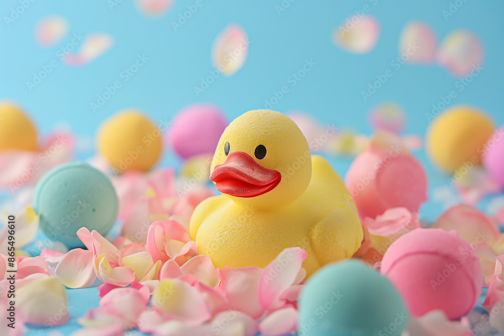 Rubber Duck Surrounded by Colorful Bath Bombs and Petals on Blue Background Rubber Duck Surrounded by Colorful Bath Bombs and Petals on Blue Background