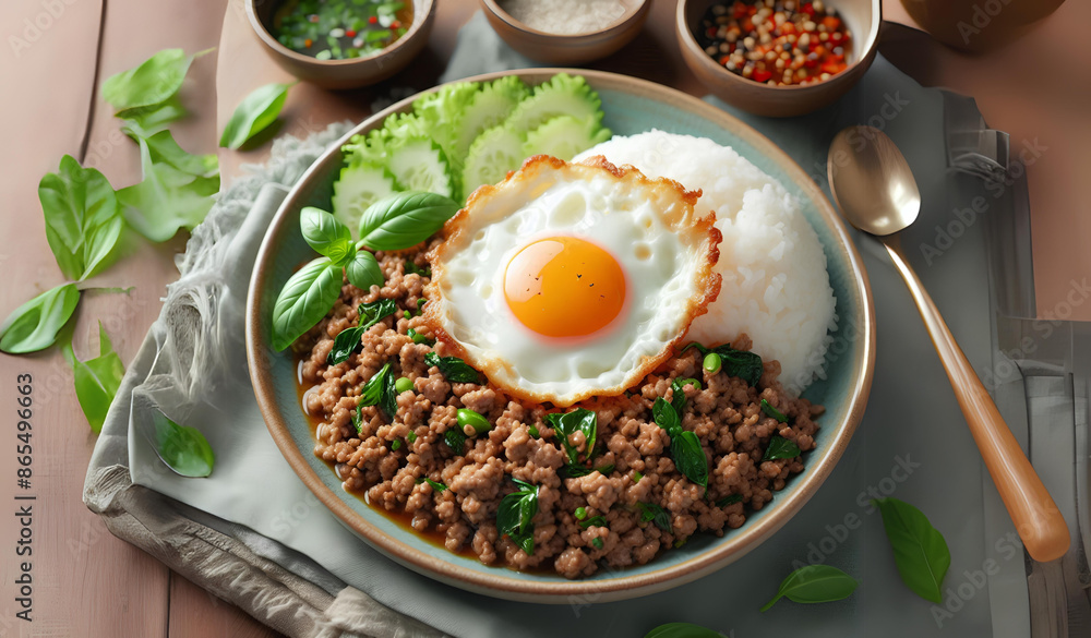 Pad Krapow with Fried Egg is a very delicious Thai dish. Pad Krapow with Fried Egg is a very delicious Thai dish.