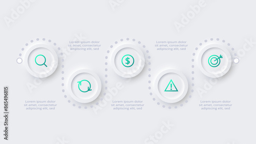 Neumorphic flowchart infographic. Creative concept for infographic with 6 options. Template for presentation and chart.