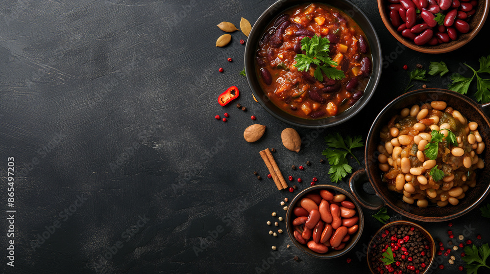 Rustic display of various bean dishes with copy space, including chili, baked beans, and bean salads, showcasing the versatility and nutritional benefits of beans Rustic display of various bean dishes with copy space, including chili, baked beans, and bean salads, showcasing the versatility and nutritional benefits of beans