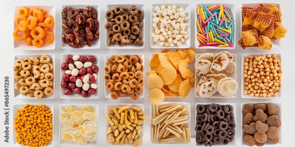 Various colorful and crunchy snacks in plastic containers. Various colorful and crunchy snacks in plastic containers.