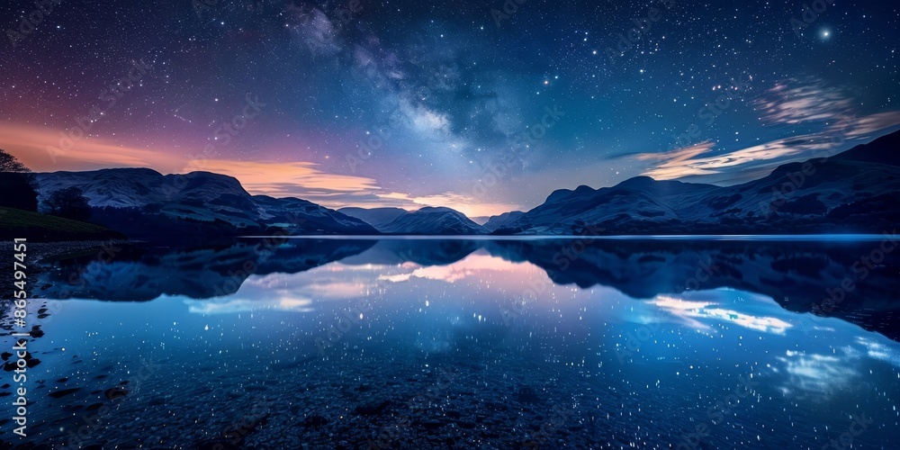 Fototapeta premium Amazing night landscape with mountains and lake under starry sky.