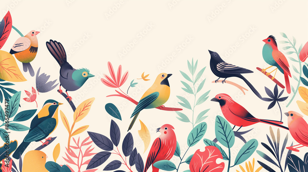 Artistic illustration of a variety of bird species in a harmonious pattern with copy space, showcasing diversity and the joy of bird watching, perfect for National Bird Day Artistic illustration of a variety of bird species in a harmonious pattern with copy space, showcasing diversity and the joy of bird watching, perfect for National Bird Day