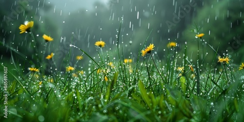  Atmospheric shot of a meadow with rain falling over the lush green grass and bright yellow flowers 