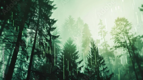 forest scene with stock chart close up, focus on, copy space, lush green tones, Double exposure silhouette with economic trends photo