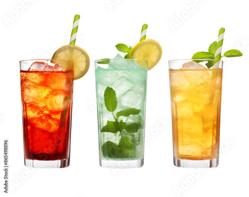 A set of three different colorful summer cocktails with straws and mint leaves. PNG image. PNG files