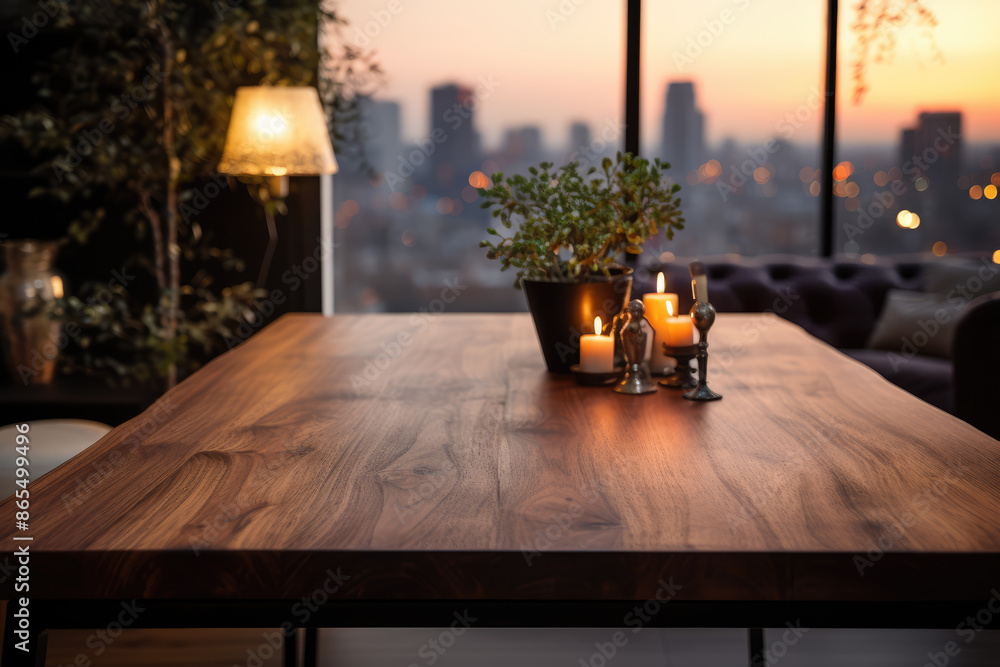 generated illustration of wood tabletop on blur modern living room with skyline