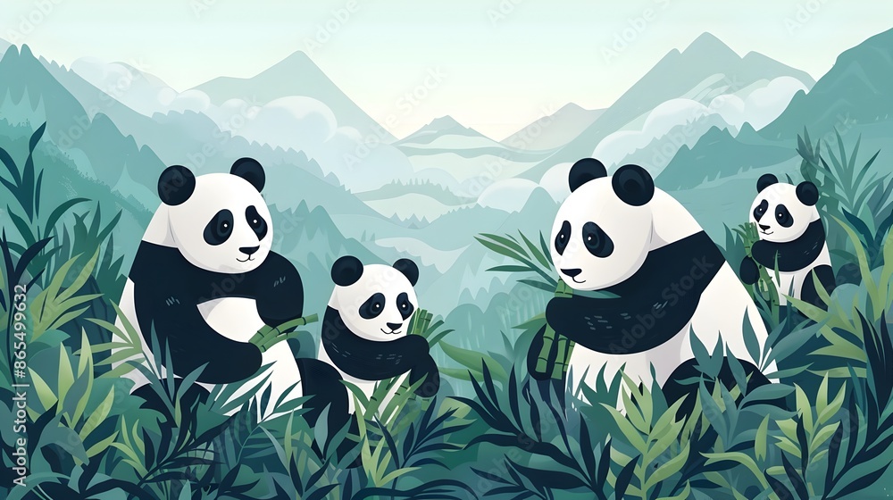 Family of Pandas Enjoying Bamboo Amidst Misty Mountain Landscape in Verdant Foliage Family of Pandas Enjoying Bamboo Amidst Misty Mountain Landscape in Verdant Foliage