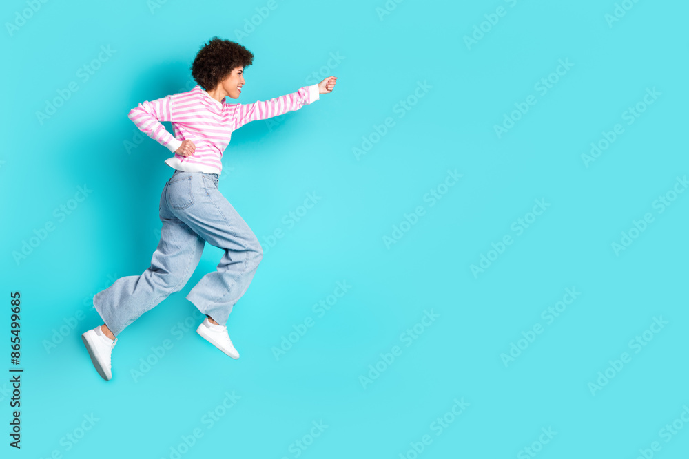 Full length portrait of nice young lady jump run empty space wear pullover isolated on turquoise color background Full length portrait of nice young lady jump run empty space wear pullover isolated on turquoise color background