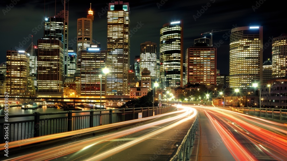 Cityscape at Night with Light Trails on a Bridge Cityscape at Night with Light Trails on a Bridge