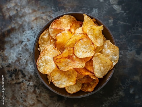 Bowl of Crispy Potato Chips on a Dark Rustic Table, Highlighting a Classic Savory Snack