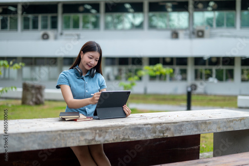 A woman is sitting at a table with a laptop and a book