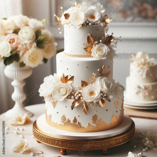 Una torta nuziale elegante, con glassa bianca e dettagli argentati.